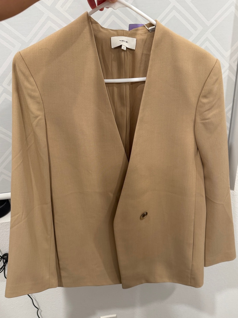 Vince Collarless Camel Wool Blend Open-Front Tailored Blazer in Straw Beige